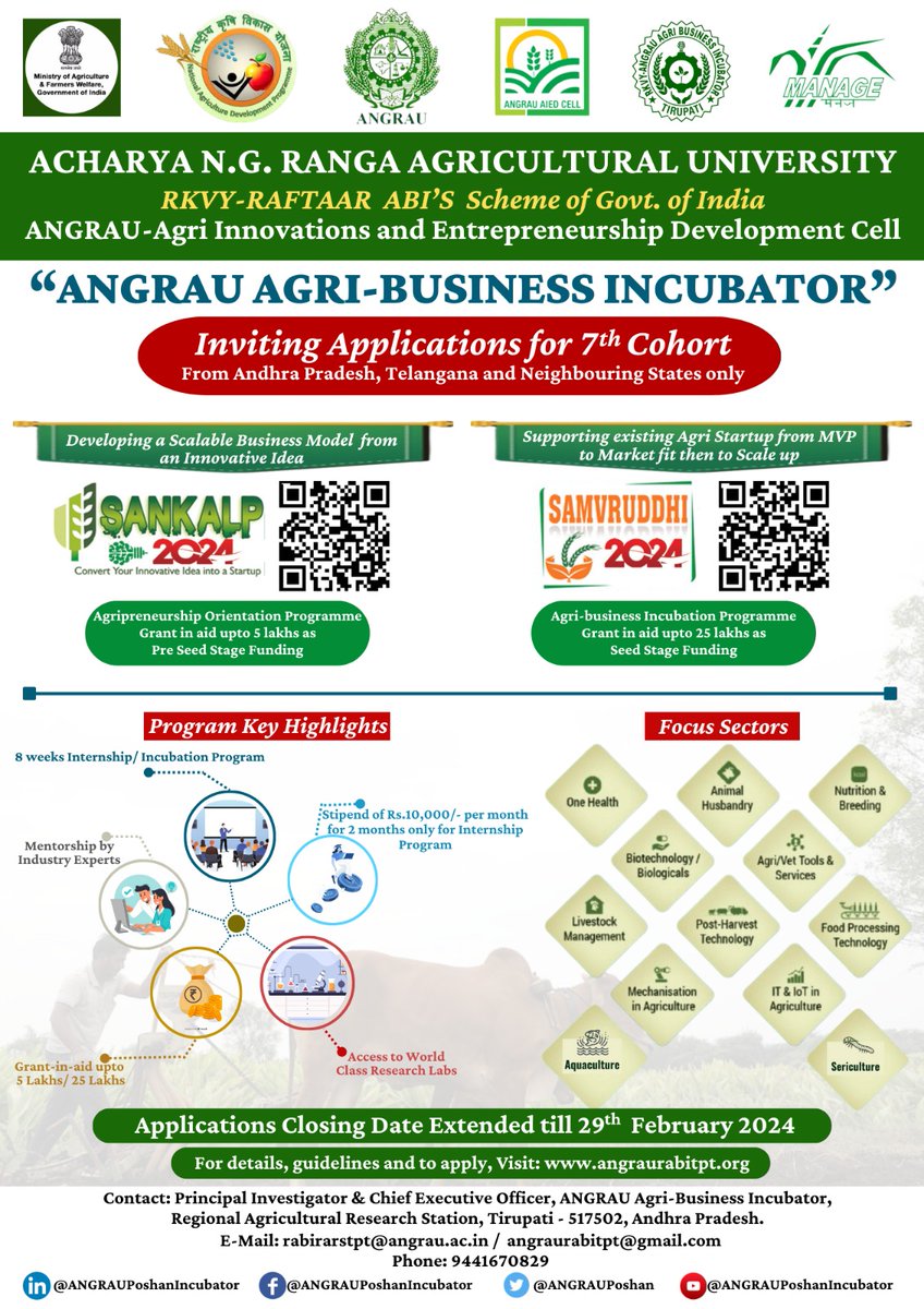 ANGRAUPoshan's tweet photo. Only 1 Day Left to apply for 7th Cohort. 
Convert your ideas into reality by availing Grant in Aid upto 25 Lakhs.
Interested Agripreneurs can apply. 

SANKALP-2024: https://t.co/JRveDcoFgP
SAMVRUDDHI-2024: https://t.co/IGySQjJVJv https://t.co/7s7m3u9q8p