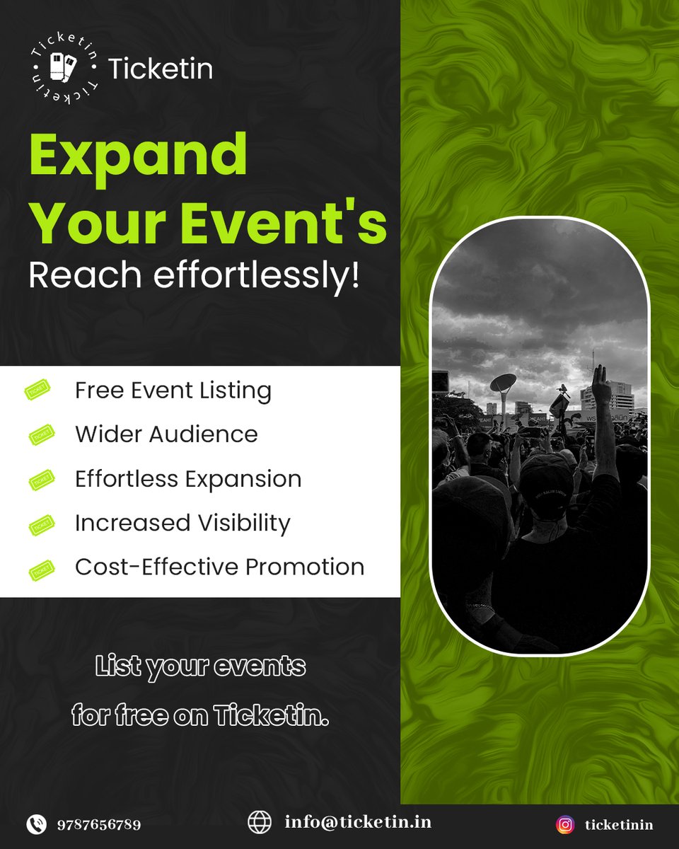 Maximize your event's exposure by listing it for free on TicketIn. contact us today at +91-9787656789
#EventMarketing #TicketIn #ExpandYourAudience #EventListing #FreeListing #EventPromotion #EventExposure #EventReach #EventAdvertising #EventVisibility #EventPromo