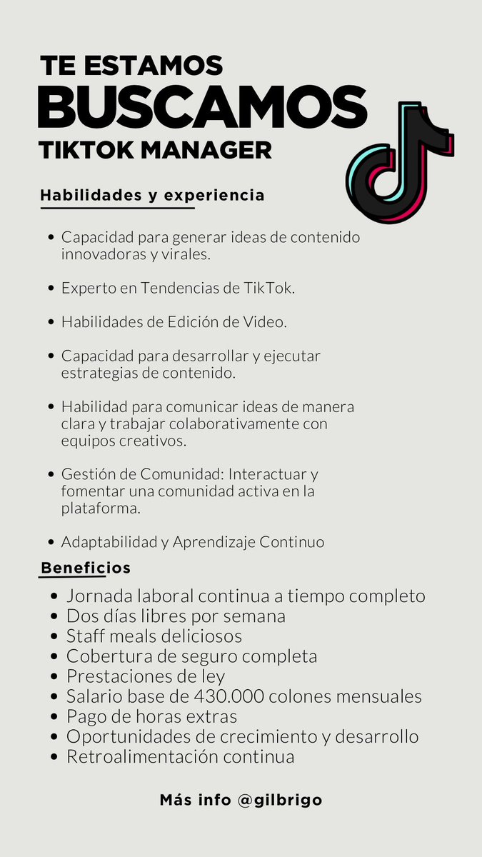 gilbrigo's tweet photo. Se imaginan ganar plata haciendo tiktoks? Bueno, ya es una realidad.

Busco Tiktok manager, full time! Salario base de 430.000 colones. Más info por DM Ig: @gilbrigo https://t.co/BFgtNjJS8o
