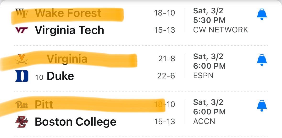 VinnieMac484's tweet photo. AP #SJUBB metrics - 

@CamelGuySJU &amp; @amarino616 hate the ACC

We need the highlighted ACC teams to lose on Saturday, most notably Virginia &amp; Wake Forest 

We are Duke fans Saturday (even if the law school softball party weekend at UVA in 2010 was fire) @RVanDeVeire 

Important. https://t.co/rgPjiTHnnc