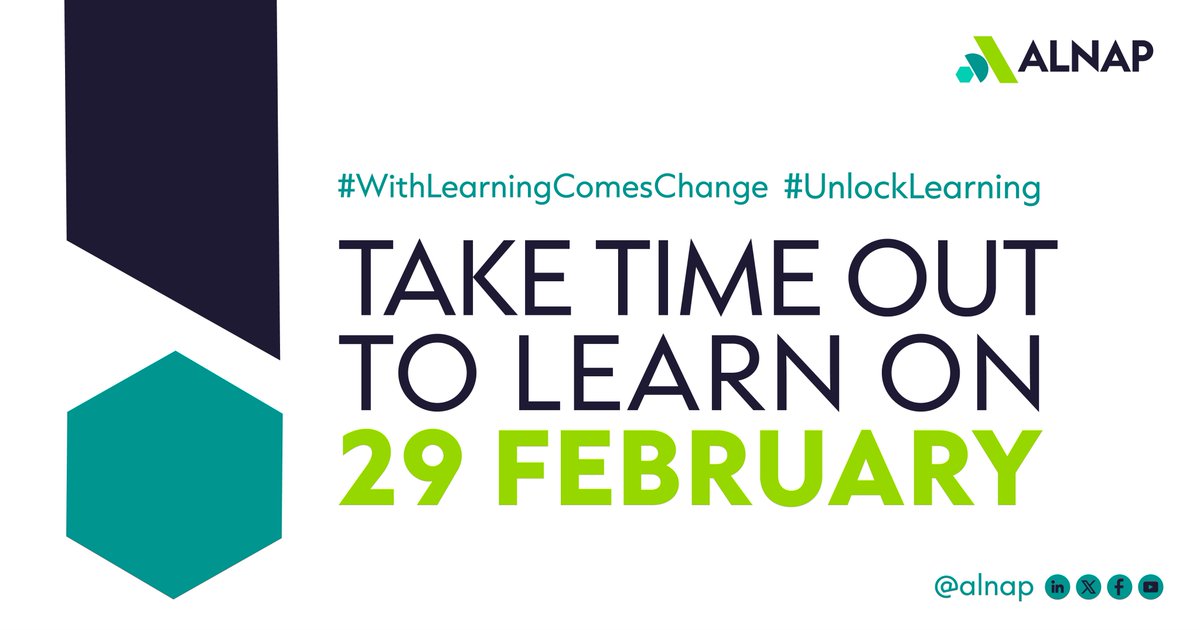 It's the #DayforLearning - 29 Feb 2024.
Take time out today to recommit to learning. Be bolder, more receptive and responsive to learning,
embrace new approaches. 

Find out how you can do a little learning today alnap.org
#WithLearningComesChange #UnlockLearning