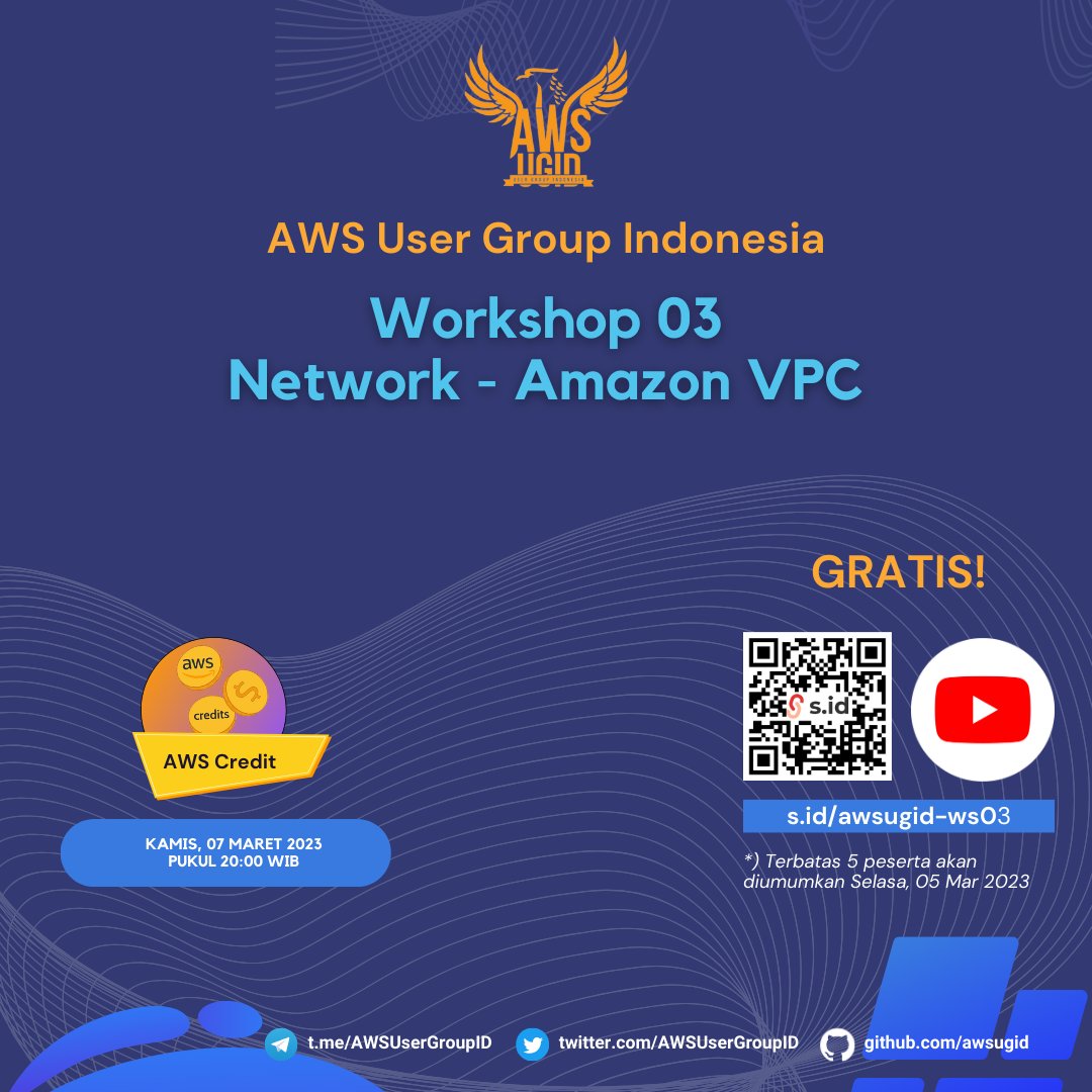 AWSUserGroupID's tweet image. Halo semua!

AWS User Group Indonesia kembali mengadakan workshop! Workshop ketiga akan membahas topik Network - Amazon VPC secara daring melalui channel AWS User Group Indonesia hari Kamis 7 Mar 2023 pukul 20:00. Beminat? 

#awscommunity #awsugid #awsugindonesia