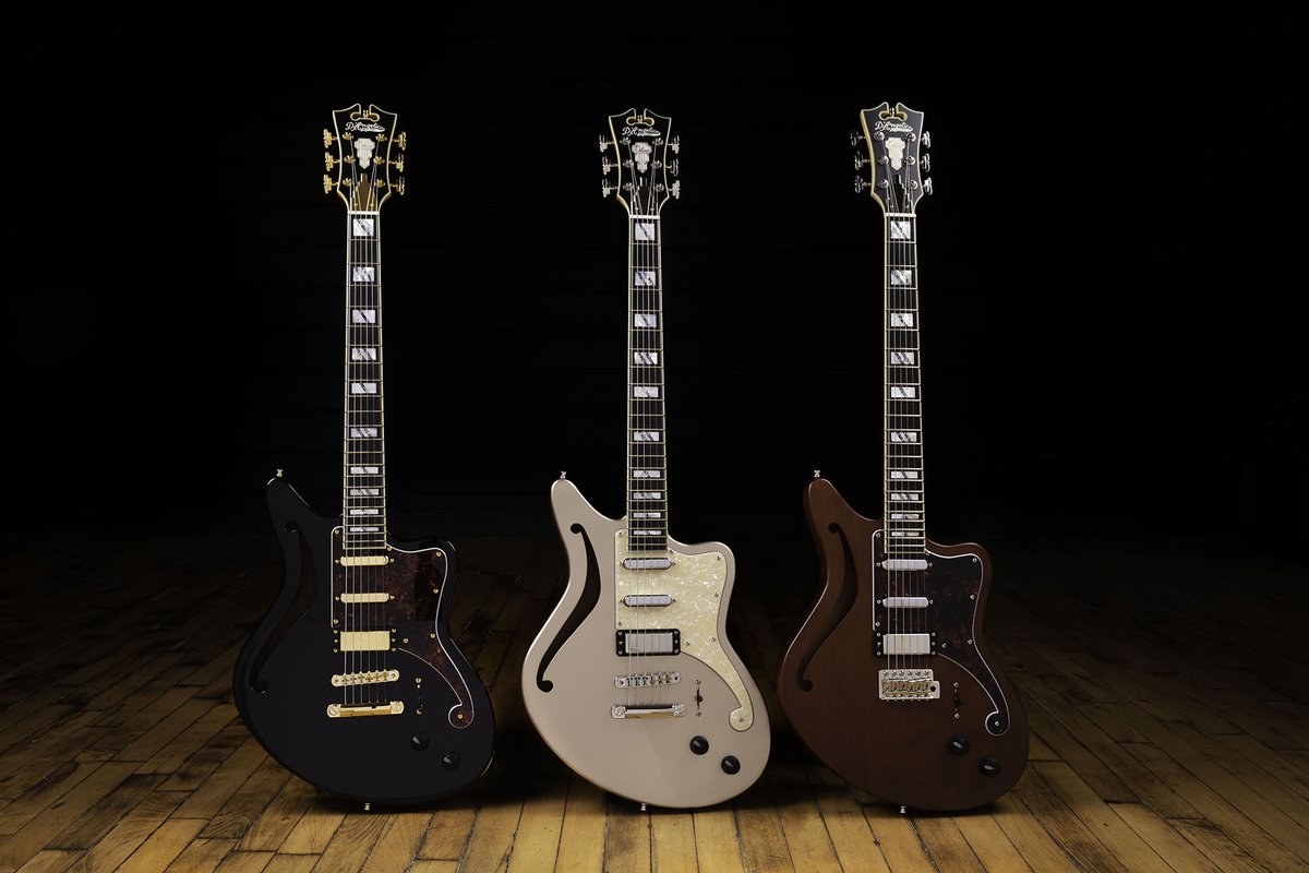 Deluxe Bedford SHのラインナップ✨
左からBlack、Desert Gold、Matte Walnutです。大きなfホールを備えたセミソリッド構造が特徴で、セイモア・ダンカンのピックアップをSSHでレイアウトしています。皆さんのお好みはどのモデルでしょう？☺️
#DAngelico #ディアンジェリコ