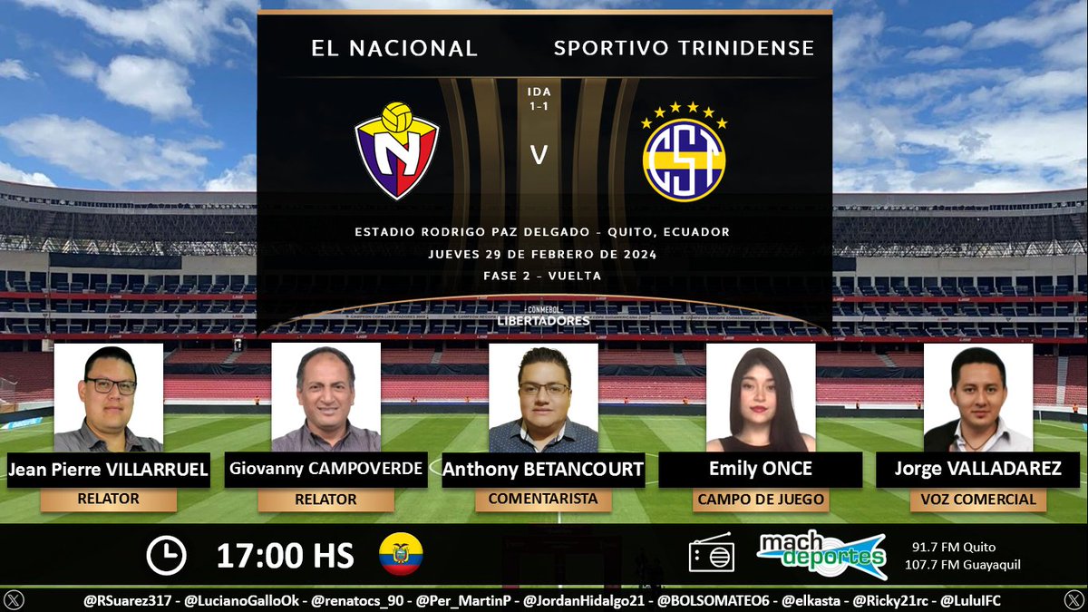 Jeanpivillam's tweet photo. #Libertadores| @MachdeportesFM
📻 91.7FM UIO 107.7FM GYE
#AJugarMuñecos
⏰ 17h00
@elnacionalec 🇪🇨 🆚 @CST_1935 🇵🇾
🗣️ #GiovannyCampoverde 
🎙️ @Anthonyalexis88
📒 @EmilyOnce5
📣 @JorgeDavidV10
Gracias al auspicio de @mushucrunacoac  #Berl
#GenteQueSabeDeRadio https://t.co/NXjfHFZHui