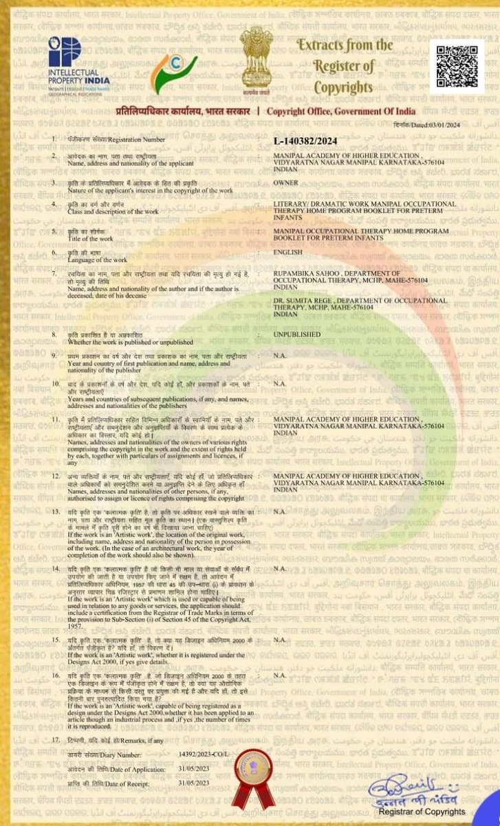 MCHP_MAHE's tweet photo. Congratulations Ms. Rupambika alumni &amp; Dr. Sumita
faculty @OT_MCHP_MAHE @MCHP_MAHE @MAHE_Manipal for obtained  copyright for "Manipal Occupational  Therapy Home Program Booklet for Preterm  Infants" https://t.co/QRMz2WxpdY