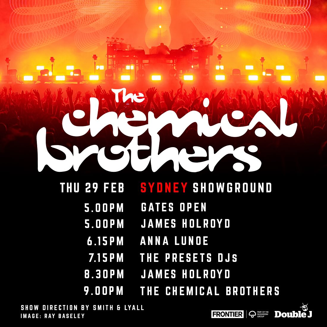 Ahead of The Chemical Brothers taking over Sydney Showground, familiarise yourself with the set times and make sure you stay hydrated! Last minute tickets still available via: axs.com/au/events/5002…