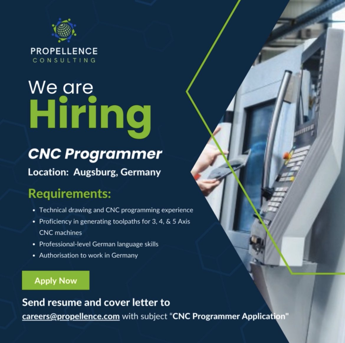CoPropellence's tweet image. We are seeking a skilled CNC Programmer with expertise in technical drawing, CNC programming, and fluency in German.
Location: Augsburg, Germany
Benefits: Competitive pay and career growth opportunities.
Apply on careers@propellence.com
#CNCProgrammer #ApplyNow