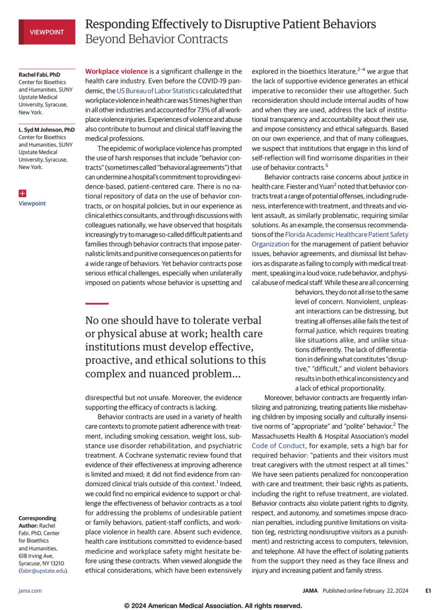 Responding Effectively to Disruptive Patient Behaviors: Beyond Behavior Contracts by @faBioethics & @LSydMJohnson … new to our Top Viewed list at @JAMA_current . ja.ma/3ThXY0h