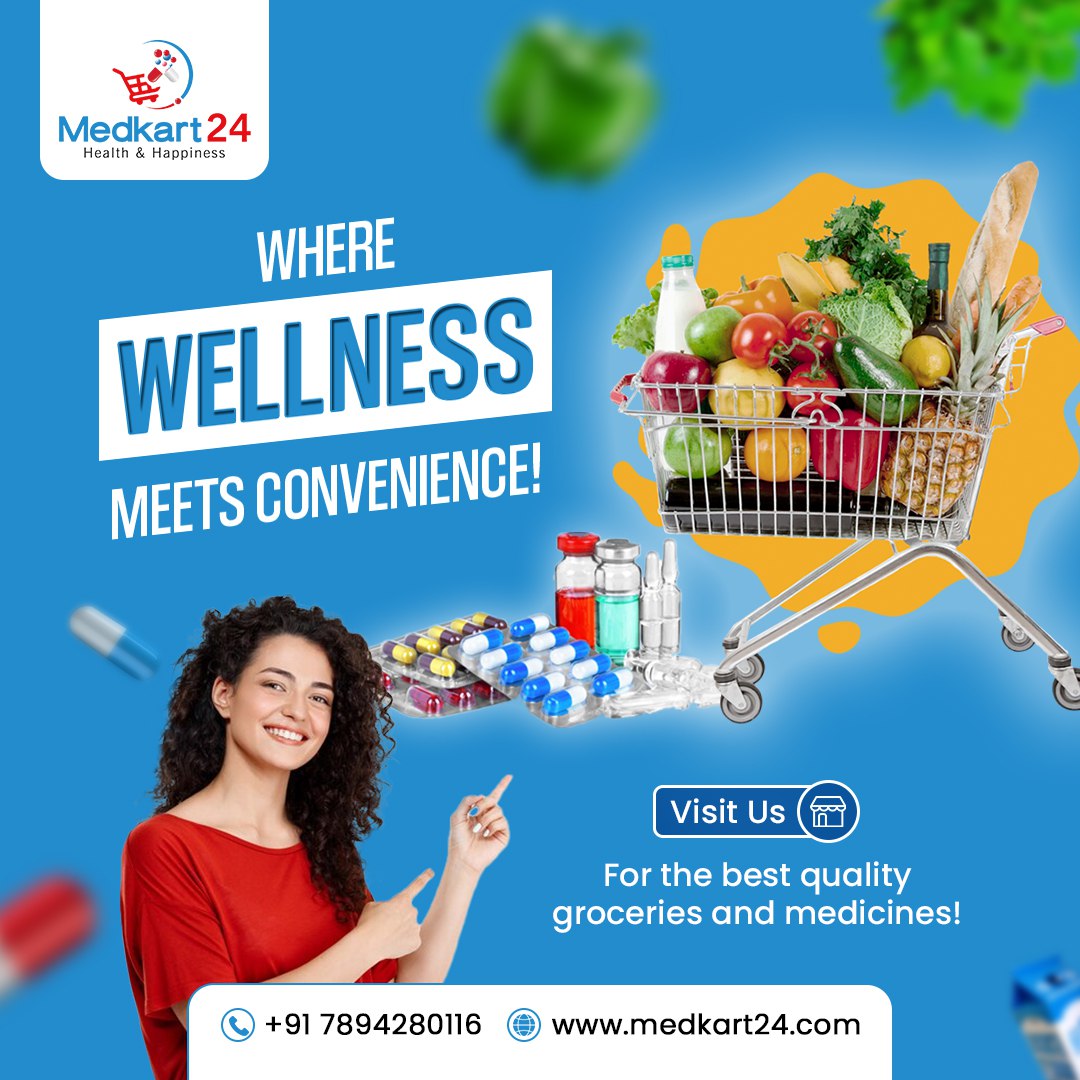 MedKart_24's tweet photo. Experience the ultimate convenience without compromising on quality! At Medkart24, we blend wellness with ease by offering a curated selection of top-notch groceries and medicines. Your journey to better health starts here! 💊🛒 #Medkart24 #WellnessConvenience https://t.co/VyDRDnJdcL