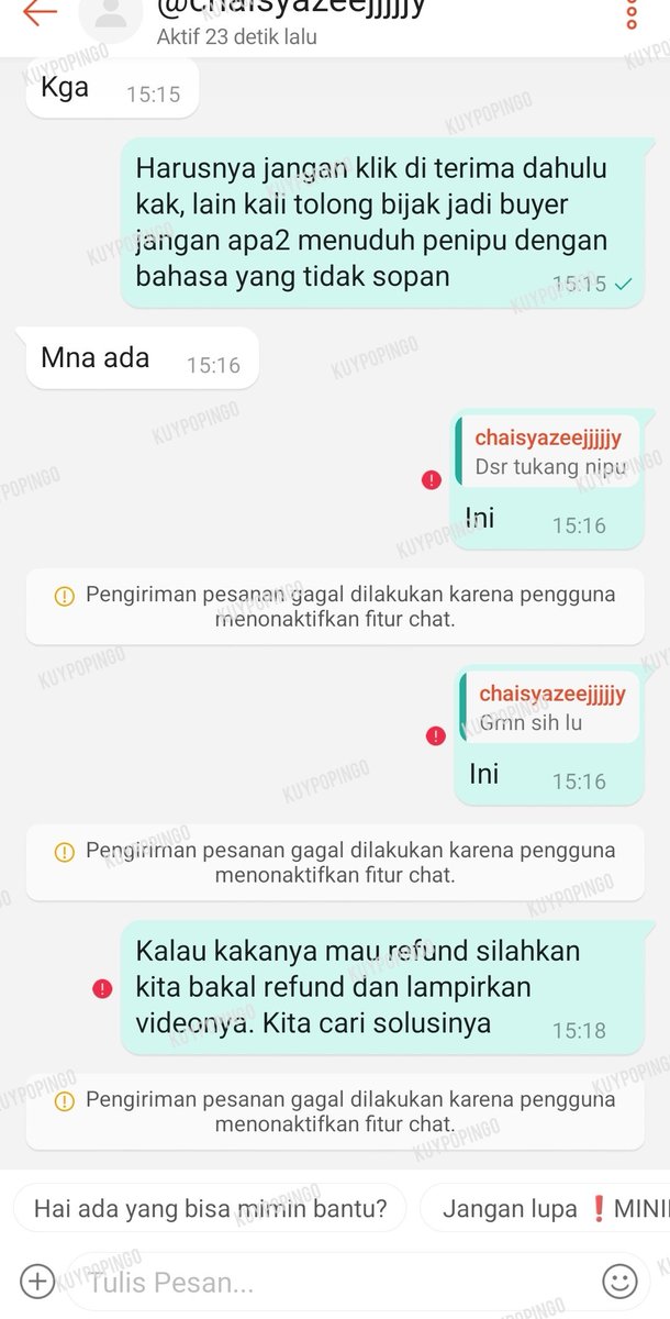 kuypopin's tweet photo. Tolong juga ya buyer kalau mau claim bicarakan baik2 kita cari solusinya. Jangan tiba2 chat marah2 terus blokir nanti ga ketemu solusinya kalian yang rugi. Padahal kita mau refund karena itu hak kalian. Ini chat bukan hari ini tapi bbrp hari lalu. https://t.co/iGdWeokv52