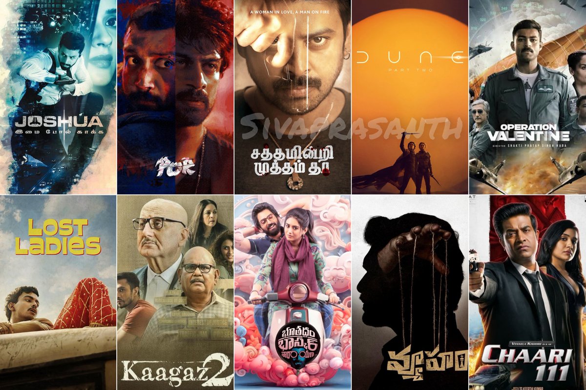 This week releases in Theatres 🍿

(1/2)

Tamil
#Joshua
#Por
#SathamindriMuthamTha
#Athomugam

Telugu
#OperationValentine
#BhoothaddamBhaskarNarayana
#Chaari111
#Vyooham
#IntiNumber13
#RadhaaMadhavam

English
#DunePart2/#Dune2
#MayDecember

Hindi
#LaapataaLadies
#Kaagaz2
#Dange