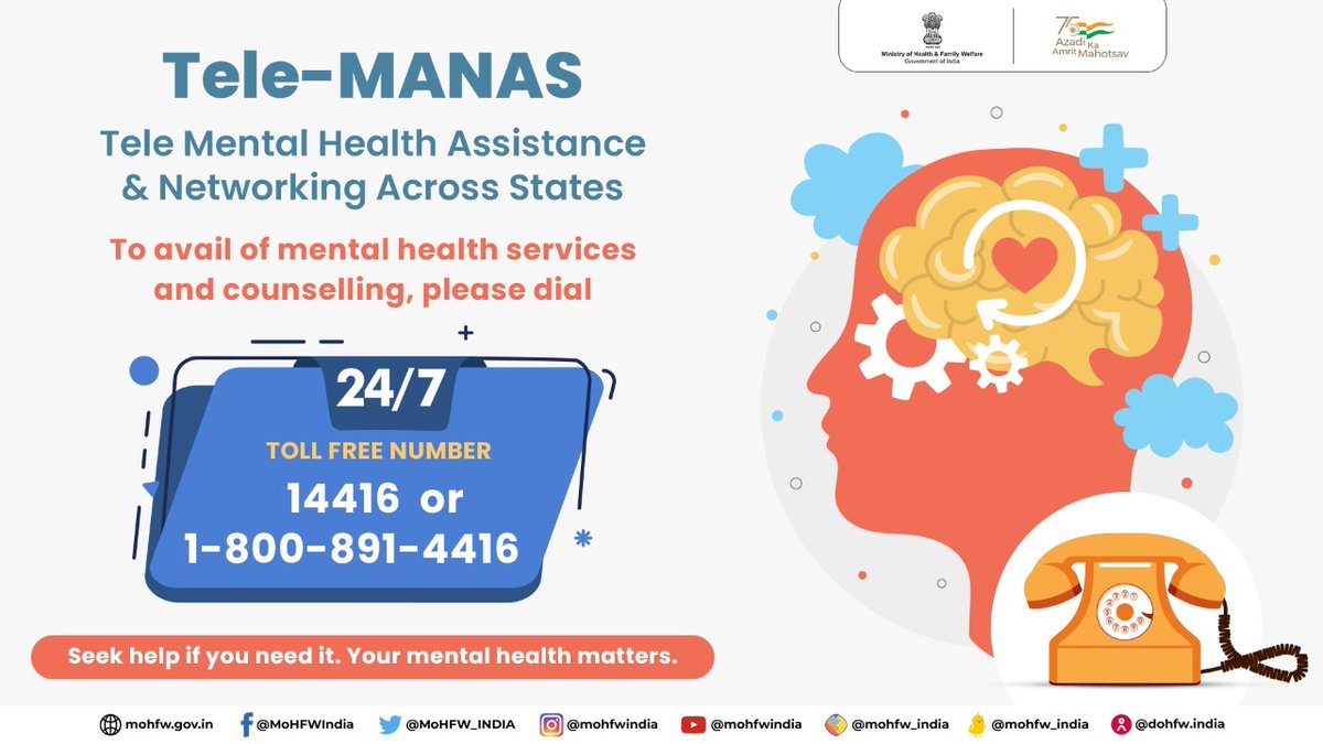 #TeleMANAS toll-free helplines are available 24/7 to all! 
Call in to get support and counselling for all your mental healthcare needs. 

#MentalHealthMatters