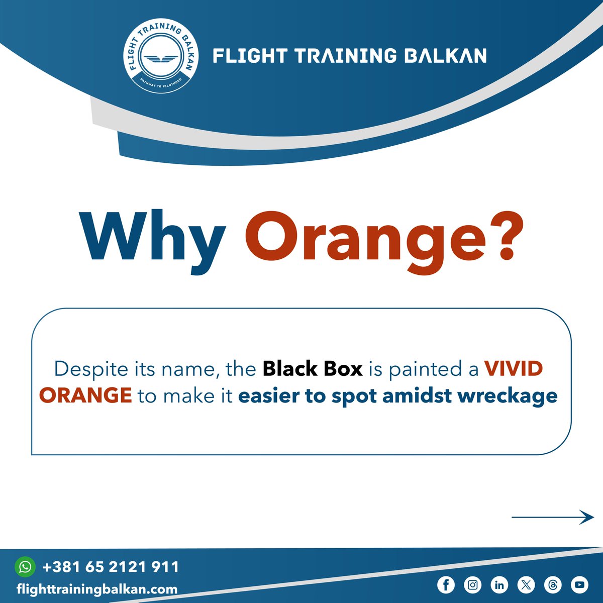 FlightTBalkan's tweet photo. Ever wonder why they call it a 'black box' when it's not even black? Here's why!
Considering Pilot Career? WhatsApp us on https://t.co/VBOWnoeV7j
#Pilot #aviationlovers #Students #aviationdaily #Flights #airplanefun #airline #careeradvice #Academy #FlightTrainingBalkan https://t.co/hgXPwB1F1E