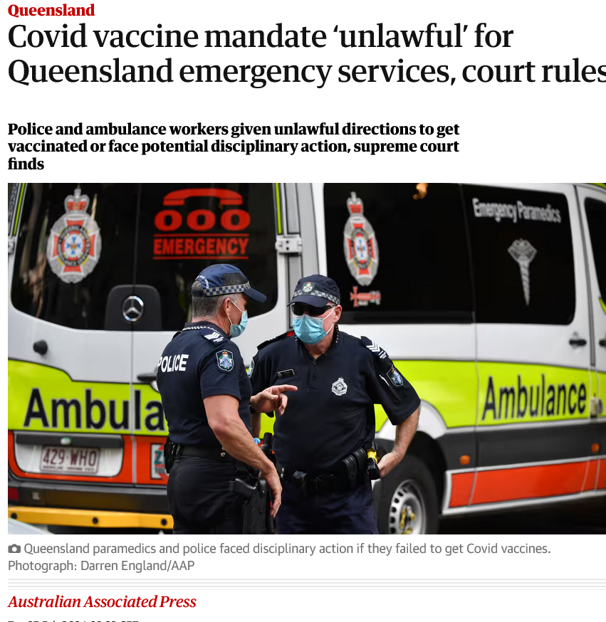 Das oberste Gericht von Queensland (Australien) hat die Impfpflicht für Notfallmediziner und Polizisten als Verstoß gegen die Menschenrechte annulliert. Auf Details wie angebliche Notstände käme es nicht an. Bei uns wurden Menschen wie Vieh behandelt, in Impfbussen mit