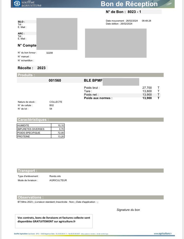 OlivierCOSTE2's tweet image. On a terminé la livraison du #blé,pour la 
#Moisson2023.
Le PS varie de 72 à➕76,les protéines à ➕de 11.5.
La moyenne est de 5.5T/ha,elle est l’une des plus mauvaises moissons.
Notre prix de revient était de 260,il est dorénavant à 330€ et la moyenne des  ventes est de 219€/T.