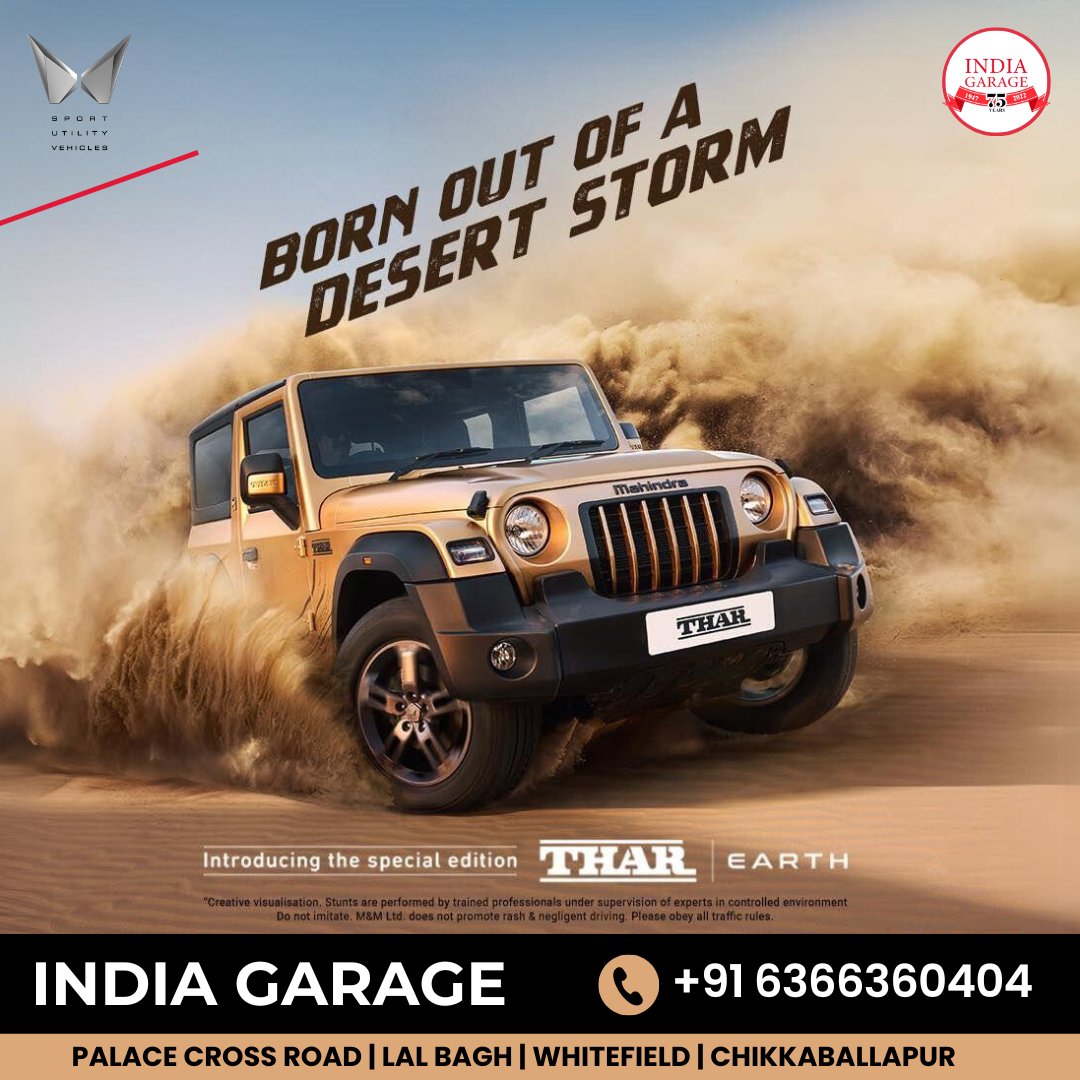 indiagarage1's tweet photo. From the depths of the desert, an icon is born. Witness the Mahindra Thar Earth Edition, a Thar like no other.
Take a test drive today.
Reach us at 📲 6366360404
Visit us : https://t.co/ukjN21M61X
#MahindraTharSpecialEdition #MahindraThar #EarthEdition #DesertFury #AllNewThar https://t.co/xVulVN85D5