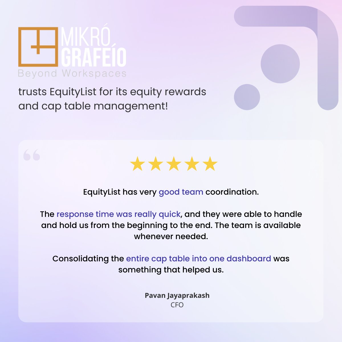 EquityListHQ's tweet image. Pavan Jayaprakash, chief financial officer, Mikro Grafeio, talks about consolidating equity and cap table management with the EquityList dashboard.

@MikroGrafeio is a social impact startup offering integrated workspace solutions. 

#esops #captablemanagement