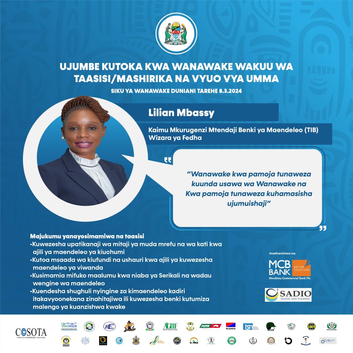 TibDevelopment's tweet photo. Tukiwa katika maandalizi ya Siku ya Wanawake Duniani, huu ni ujumbe kwa wanawake wote kutoka kwa Kaimu Mkurugenzi Mtendaji,Benki ya Maendeleo TIB,Bi Lilian Mbassy.
.
Kauli Mbiu: "WEKEZA KWA WANAWAKE KUHARAKISHA MAENDELEO YA TAIFA KWA USTAWI WA JAMII" https://t.co/uje8zITZ7z