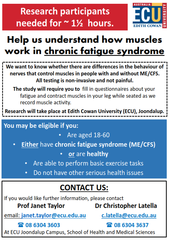 If you, or someone you know in the #Perth community suffers from Myalgic Encephalomyelitis/Chronic Fatigue Syndrome please get in touch. #chronicfatiguesyndrome #CFS #motoneurons @EdithCowanUni @EdithCowan @JamesLNuzzo