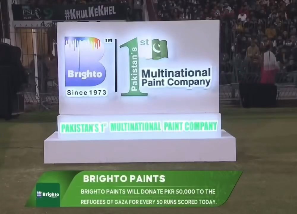Brighto Paints Gold Sponsor PSL 9 Support Gaza.
Throughout the PSL 9, Brighto Paints will donate PKR 50,000 on every 50 runs scored dedicated to all the people of Gaza.
#Brightopaints #Since1973 #Supportgaza #PSL2024 #Goldsponsor #BrightoSupportGaza #KhulKeKhel
