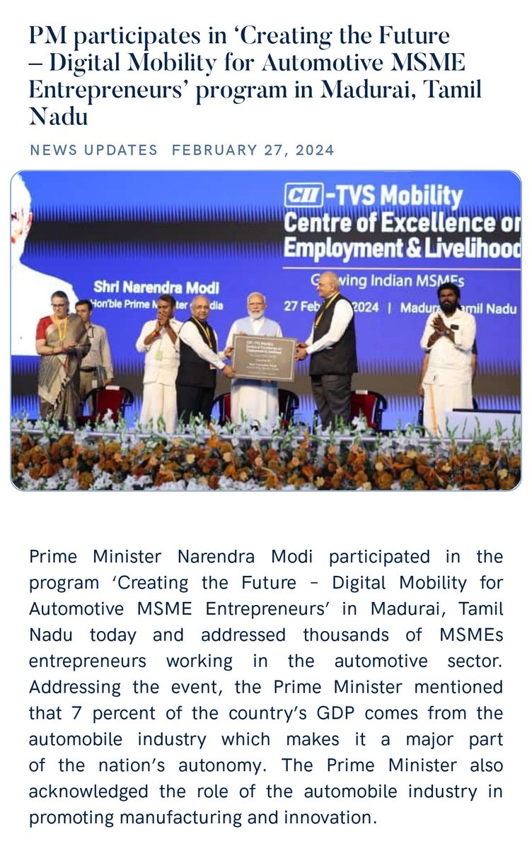 PM participates in ‘Creating the Future – Digital Mobility for Automotive MSME Entrepreneurs’ program in Madurai, Tamil Nadu
nm-4.com/f15H9D via NaMo App