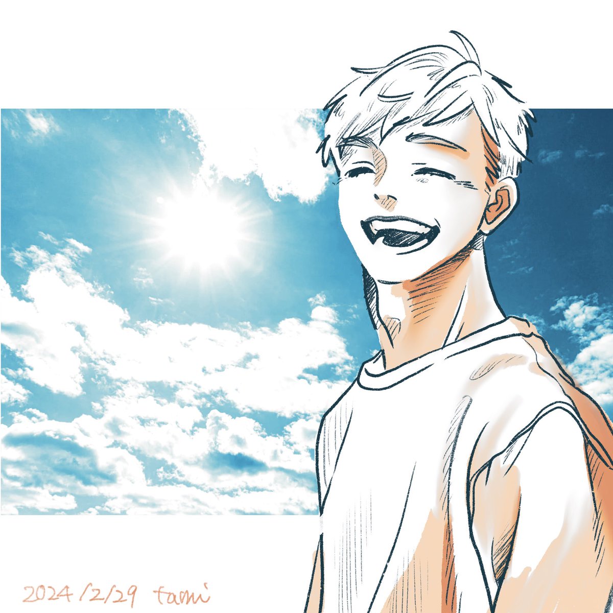 1boy male focus solo cloud closed eyes smile sky  illustration images