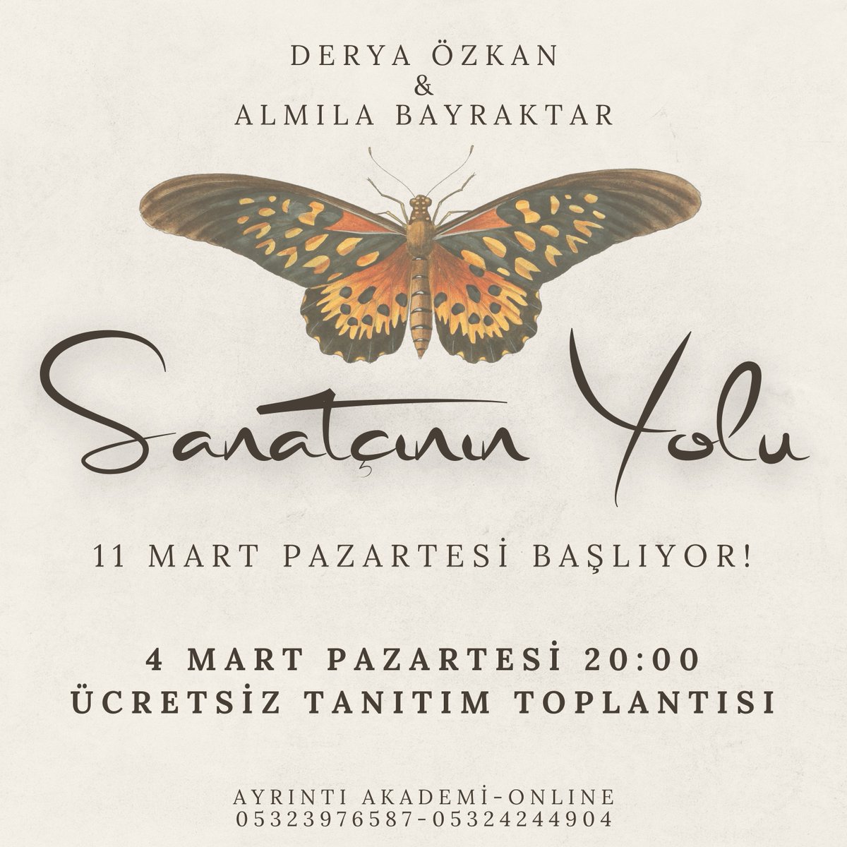 ayrintiakademi's tweet photo. DERYA ÖZKAN ve ALMILA BAYRAKTAR ile
SANATÇININ YOLU
@dryozkn_ @almlabyrktr

11 Mart’ ta Başlıyor!
12 Hafta
Her Pazartesi 19:30-21:30

4 Mart Pazartesi 20:00 Ücretsiz Tanıtım Toplantısı

05323976587-05324244904
ayrintiakademi@gmail.com https://t.co/TYHqUESV6U