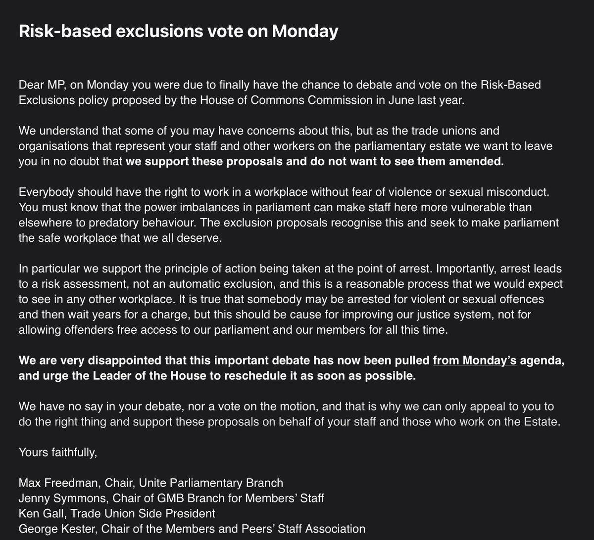 unitepsbranch's tweet image. Our message to MPs following the dropping of Monday’s vote to exclude predatory MPs from our parliamentary workplace.