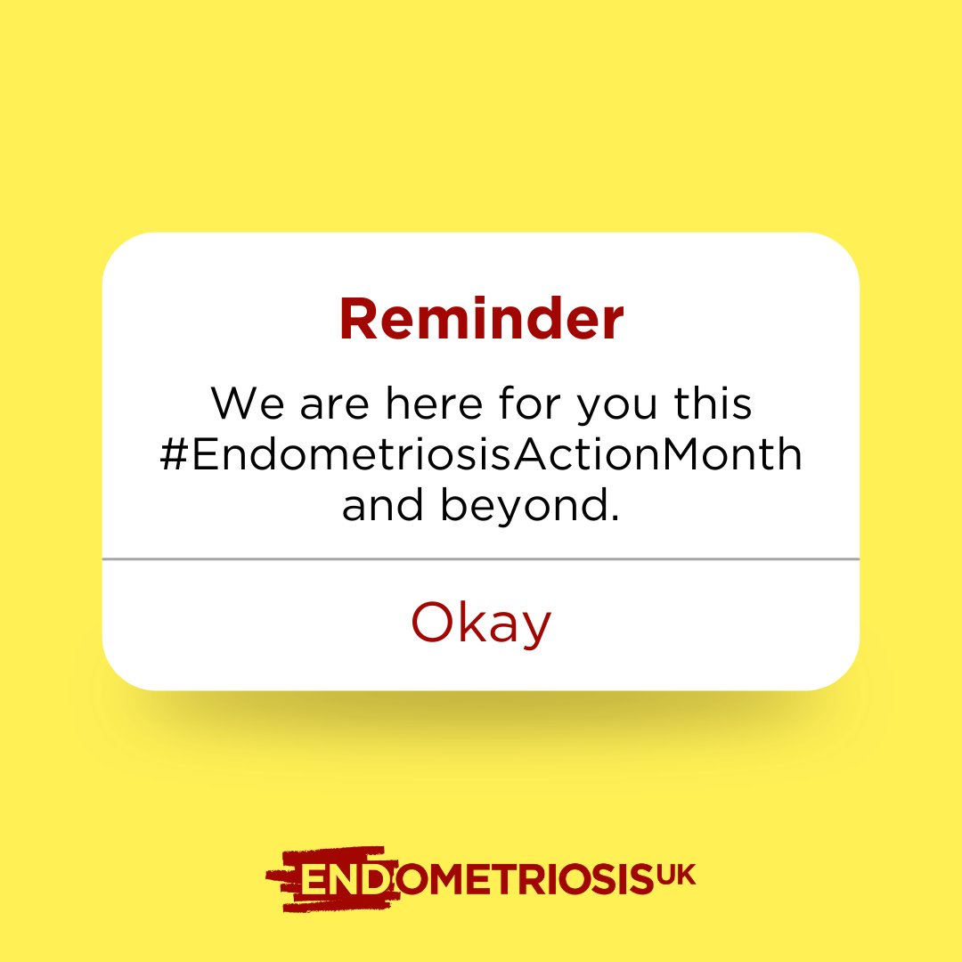Tomorrow, marks the start of #EndometriosisActionMonth 💛

The most important action you can take is to put yourself and your wellbeing first. Our support services including local support groups, helpline, web chat and community forum are here for you: endometriosis-uk.org/get-support