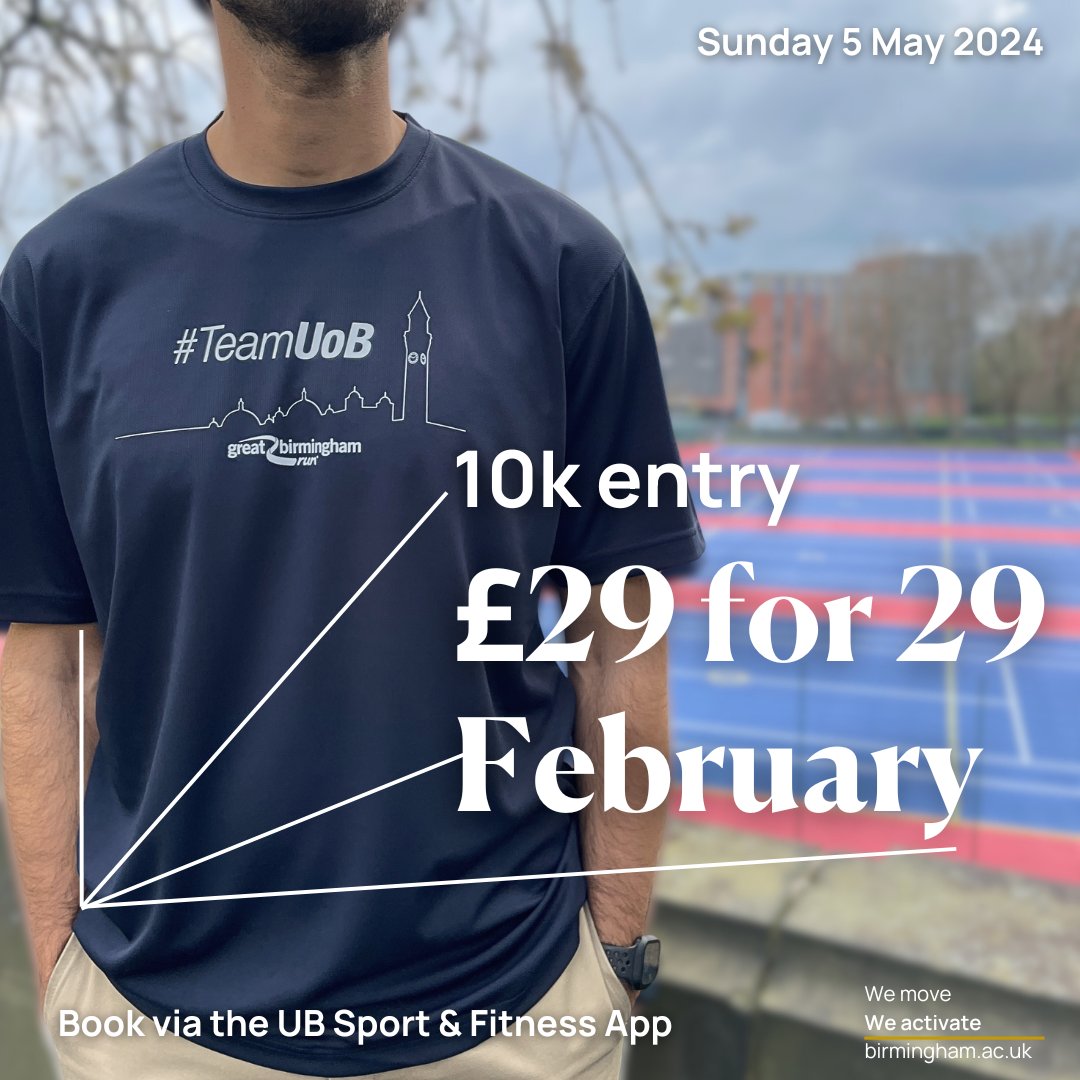 To mark the leap year, Great Birmingham Run 10k entry prices will be £29 from today until Friday 29 March!

Secure yours today - along with your FREE #TeamUoB t-shirt to wear on the day.

📲 Download the UB Sport &amp; Fitness app and head to the 'Social Sport' icon.