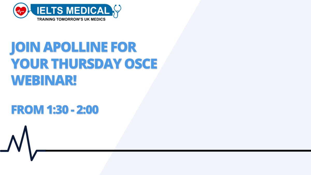 Thursday Webinar | OSCE: 1:30pm – 2:00pm
Hosted by Apolline

Link to register attendance: us06web.zoom.us/webinar/regist…

If you are having issues with registration, call our team on: 02036376722 (UK) or +442036376722 (from outside UK).

#osce #webinars #ieltsmedical