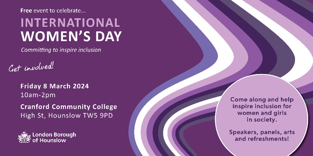 Cranford Community College is hosting Hounslow Council's International Women's Day event on Friday, 8 March. The theme of this event is #InspireInclusion; expect keynote speakers from the Council and local women's groups. Click below for signup and info: eventbrite.co.uk/e/internationa…