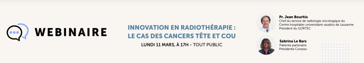 Webinaire accessible à tous! inscrivez-vous!
Innovation en radiothérapie : cancers tête/cou
<a href="/SabrinaLBRS/">Sabrina Le Bars</a> <a href="/asso_cor/">Corasso</a> #PrJeanBourhis #sante #patient #Cancer #ORL #cancersORL 
<a href="/IntergroupeORL/">Intergroupe ORL</a> #cancersORL #Radiothérapie #chimiothérapie corasso.org
helloasso.com/associations/c…