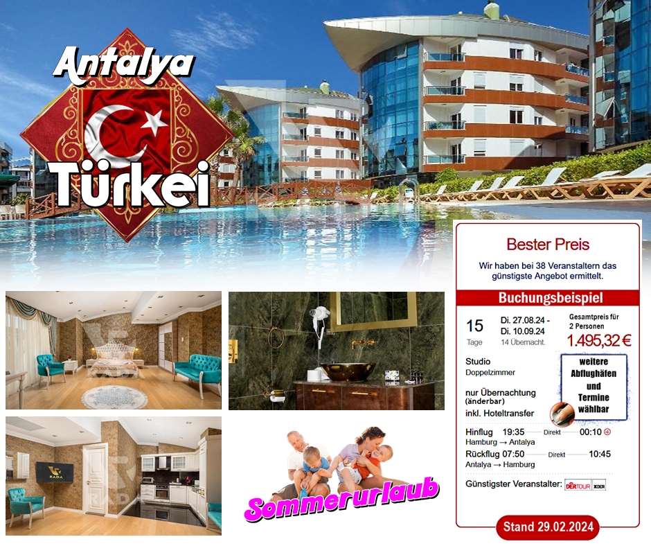 🌞⛱️ Sommer 2024 ⛱️🌞
🇹🇷  2 Wochen #Türkei  🇹🇷
♨️ pro Person ab 748 € (Stand 29.02.24)♨️

➡️ flughafen-lastminute.de/lastminute/?re… 👀

🔊 Werbung #urlaub #reisen #türkei #antalya