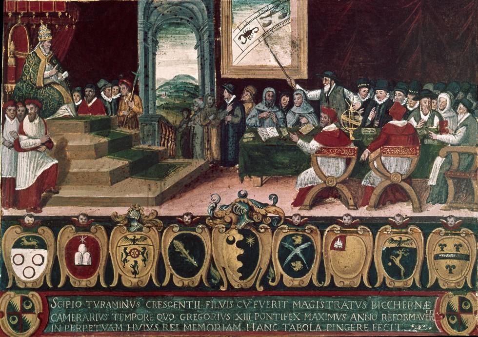 On Leap Day, we remember the Calendar revisions of Pope Gregory XIII. Here is a painting of the Calendar Commission from the Archives of Siena of 1582, with the arms of Trecerchi, Savini, Ugurgieri, Bronconi, Turamini, Spennazzi, Cerretani, De Vecchi, Rocchi, and Bocciardi.