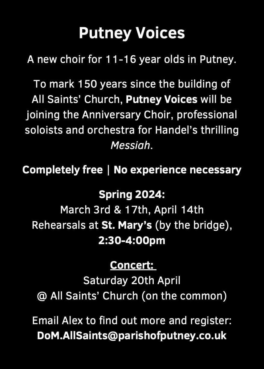 Our choir for teenagers starts again this Sunday at @StMarysPutney. A completely free chance to sing Handel's famous 'Messiah' with a professional orchestra and fabulous soloists. Get in touch to find out more!