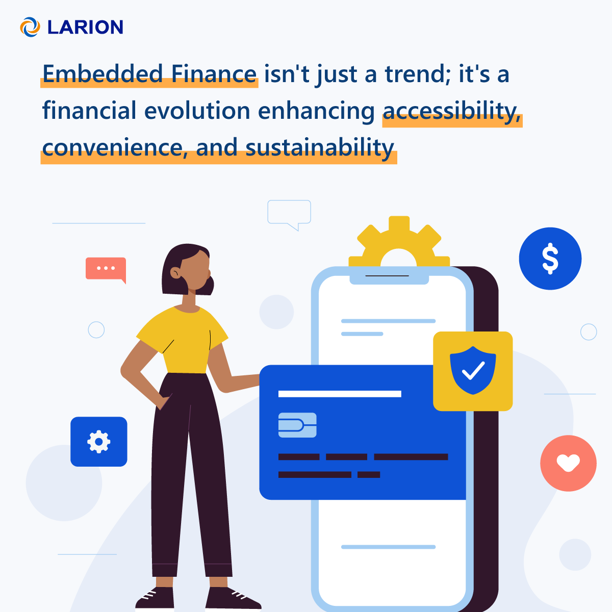 LARIONJSC's tweet photo. In 2024, Embedded Finance simplifies banking, offers cost-effective transactions with stablecoins, promotes green finance, and embraces the SaaS model for fintech innovation.
 #EmbeddedFinance #FintechInnovation #FinancialRevolution #LARION https://t.co/qFDbwkB749