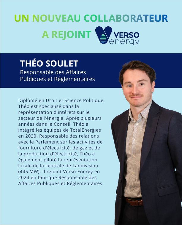 [👋 Une nouveau collaborateur chez Verso Energy ⚡]
 
✨ Théo Soulet a rejoint l’équipe de Verso Energy en tant que Responsable des affaires publiques et réglementaires !
 
Bienvenue Théo chez Verso Energy ! 🥳
 
#new #hydrogène #Hydrogènevert #transitionénergétique #carbonzero