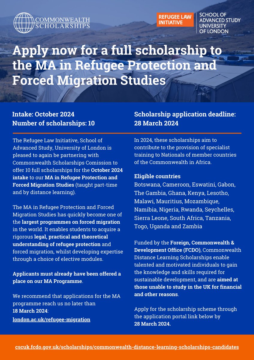 APPLICATIONS ARE NOW OPEN for the MA #RefugeeProtection by #distancelearning for Oct 2024. #SCHOLARSHIPS AVAILABLE for Nationals of member countries of the #Commonwealth in #Africa - deadline 28 March 2024: shorturl.at/cgKZ7. Apply to the MA first: shorturl.at/FM379