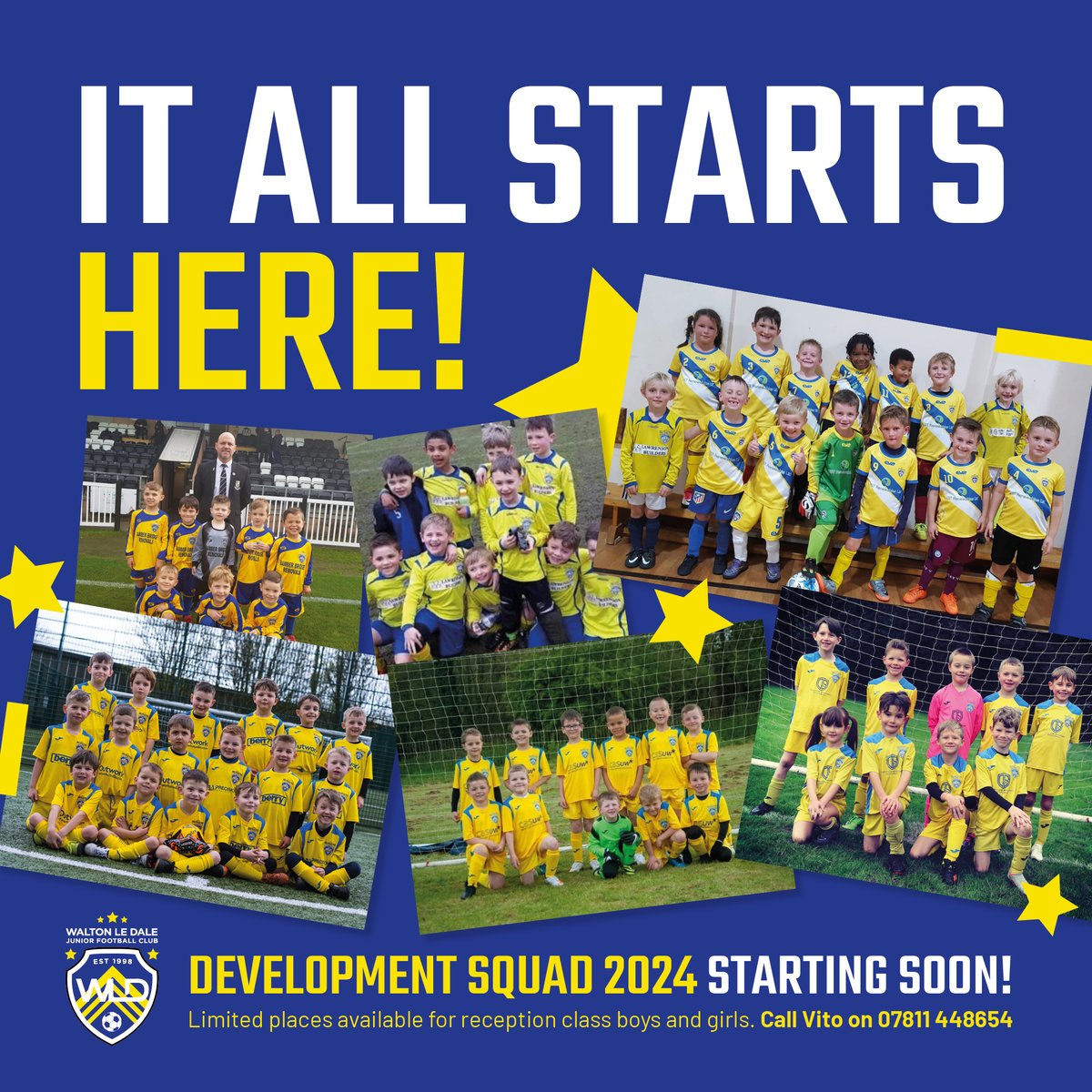 IT ALL STARTS HERE! Details of our 2024 Development Squad sessions will be confirmed VERY soon. Places are limited, so if you have a reception class boy or girl looking to start their football journey, please register your interest today by contacting Vito on 07811 448654. 🌟⚽️