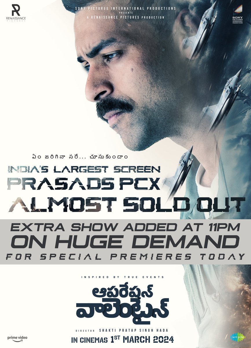 Renaissance Pictures (@renaissancepicz) on Twitter photo The response to the #OperationValentine Special Premieres today has been outstanding❤️🔥
India's Largest Screen Prasad PCX, is Almost Sold out and an Extra show has been added at 11 PM on Huge demand🔥
- linktr.ee/OPVTickets
<a href="/IAmVarunTej/">Varun Tej Konidela</a> <a href="/ManushiChhillar/">Manushi Chhillar</a> <a href="/ShaktipsHada89/">Shakti Pratap Singh Hada</a> The response to the #OperationValentine Special Premieres today has been outstanding❤️🔥
India's Largest Screen Prasad PCX, is Almost Sold out and an Extra show has been added at 11 PM on Huge demand🔥
- linktr.ee/OPVTickets
<a href="/IAmVarunTej/">Varun Tej Konidela</a> <a href="/ManushiChhillar/">Manushi Chhillar</a> <a href="/ShaktipsHada89/">Shakti Pratap Singh Hada</a>