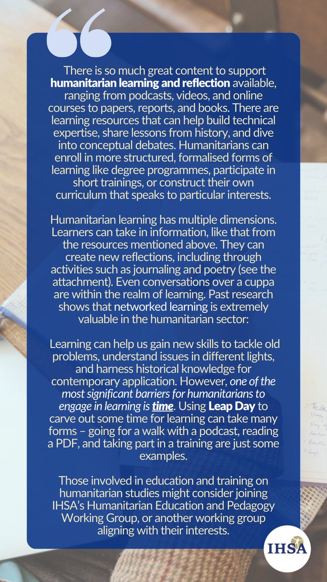 ⏰Inspired by @ALNAP's #WithLearningComesChange initiative, read what IHSA Board member Nazanin Zadeh-Cummings has to share [image] 👇 #Poetry: bit.ly/3UHPfoZ Past #research: bit.ly/3OJFVgI IHSA working groups: ihsa.info/working-groups/