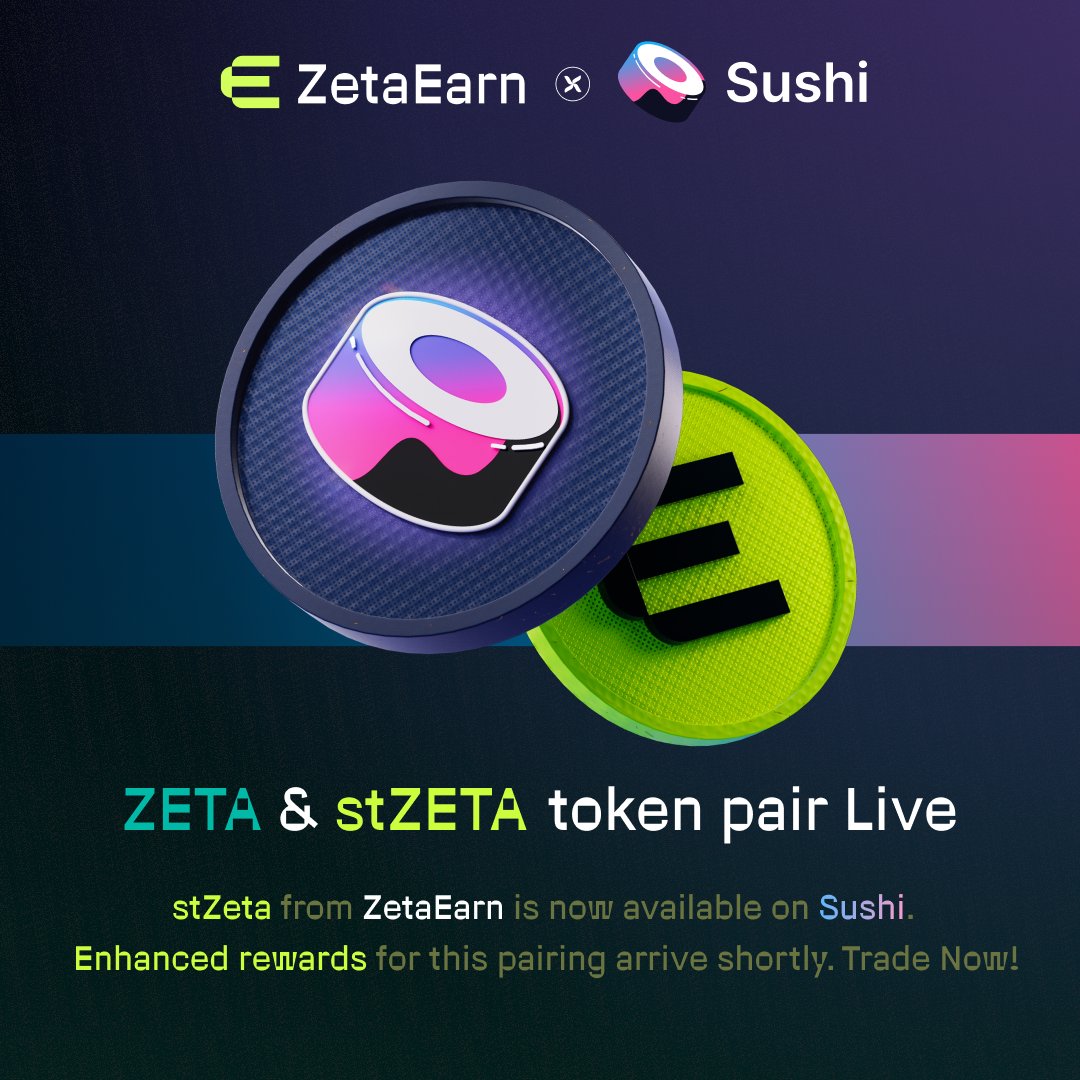 Zearn_Protocol's tweet photo. Exchange #stZETA with #ZETA effortlessly on @SushiSwap. ✨ Park your stZETA at @ZetaEarn for top APR gains! https://t.co/m9jOG0u6KK