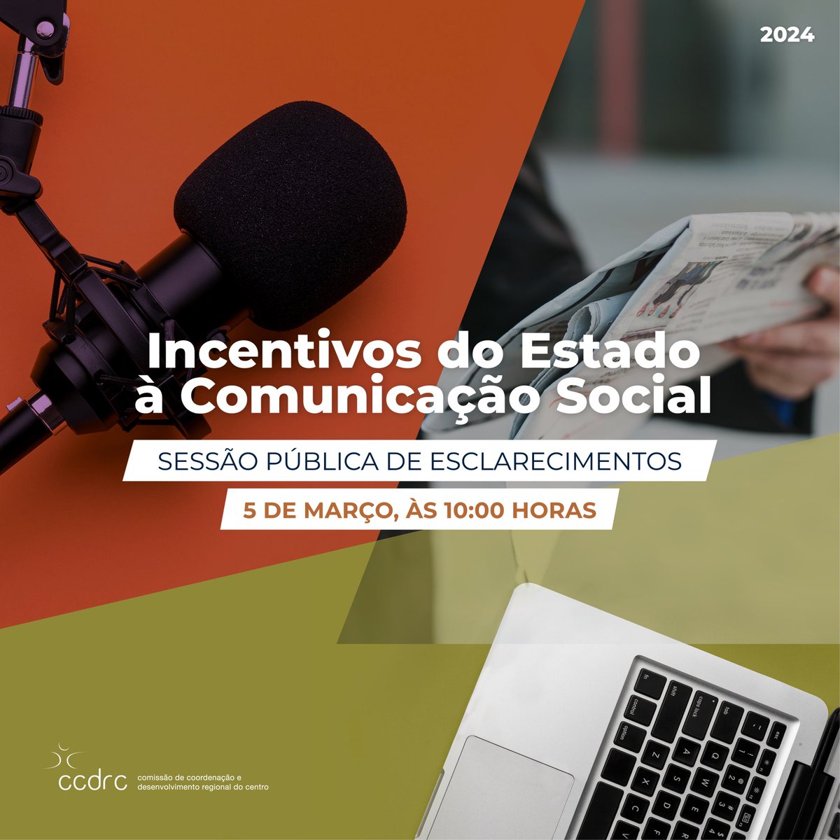 A @CCDRCentro promove, no dia 5 de março, uma sessão pública de esclarecimentos sobre as candidaturas aos Incentivos do Estado à Comunicação Social de âmbito regional e local - 2024. Inscreva-se até ao dia 4 de março através do seguinte link: tinyurl.com/mtryzk4x