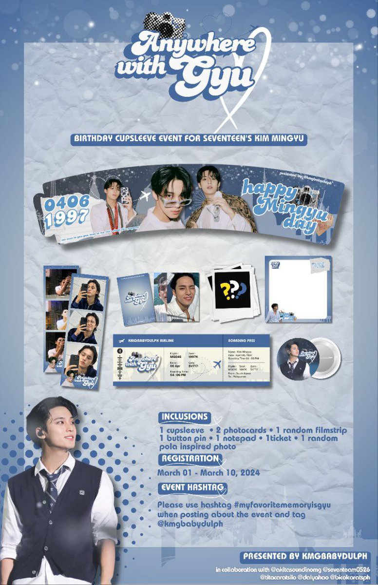 kmgbabydulPH's tweet photo. ー anywhere, with gyu 📸

✨ a birthday cupsleeve event for MINGYU 🩵🤍

📍Davao City
📍Iloilo City
📍Quezon City
📍Albay
📍Dubai, UAE

📆 APRIL 2024
🗒️CSE KIT: 140php
(drinks not included yet)

🧷https://t.co/zSq994FLSp

more details will be posted soon!
see you carats! 📸 https://t.co/RboaMUFiqa