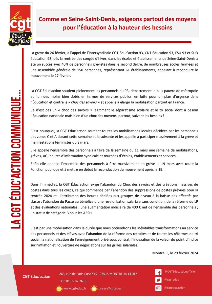 Les collègues de Seine Saint Denis ont repris leurs  actions et la grève depuis la rentrée. Soutenons les et rejoignons-les dans la mobilisation partout en France pour obtenir des moyens! #GreveEducation #greve93 <a href="/CGTeducaction93/">CGT Educ'action 93</a>