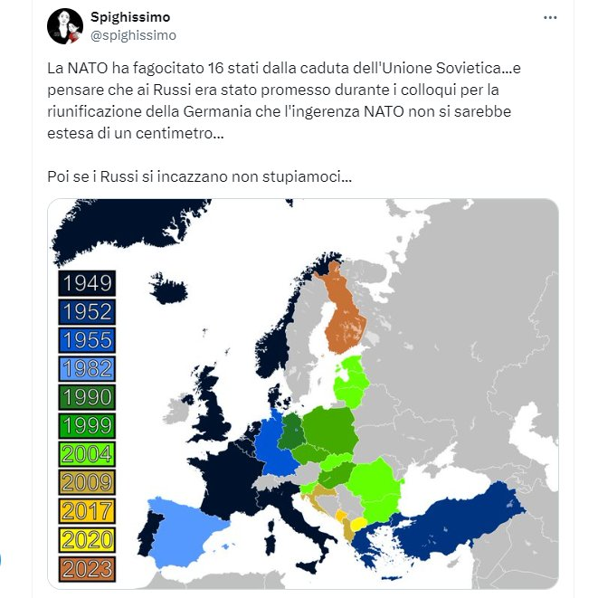 Prendo spunto dal tuit sotto per rispondere alla questione. Spesso, tra le argomentazioni che tentato di trovare le ragioni all'aggressione russa in Ucraina, appare la questione dell'allargamento della NATO. Un argomento che non ha alcun fondamento storico. 1/ (riscrivo)