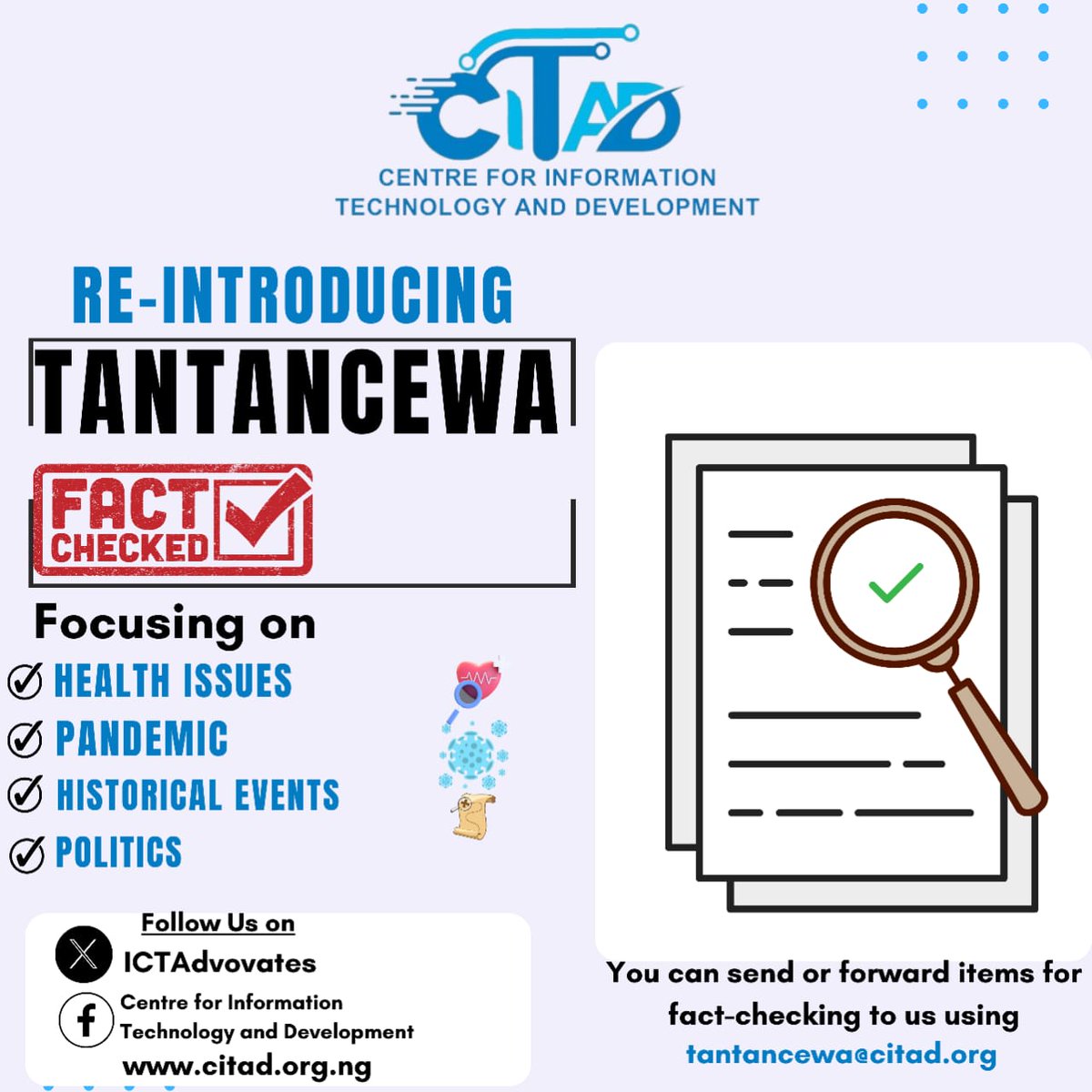 CITAD (@ictadvocates) on Twitter photo We are officially unveiling our fact-checking arm under the 'Tantancewa Group',we have a committed team to always conduct a thorough investigation to get facts about issues around health, politics, pandemic, etc. Reach out to us for facts on issues via tantancewa@citad.org <a href="/YZYau/">Yunusa Ya'u</a> We are officially unveiling our fact-checking arm under the 'Tantancewa Group',we have a committed team to always conduct a thorough investigation to get facts about issues around health, politics, pandemic, etc. Reach out to us for facts on issues via tantancewa@citad.org <a href="/YZYau/">Yunusa Ya'u</a>