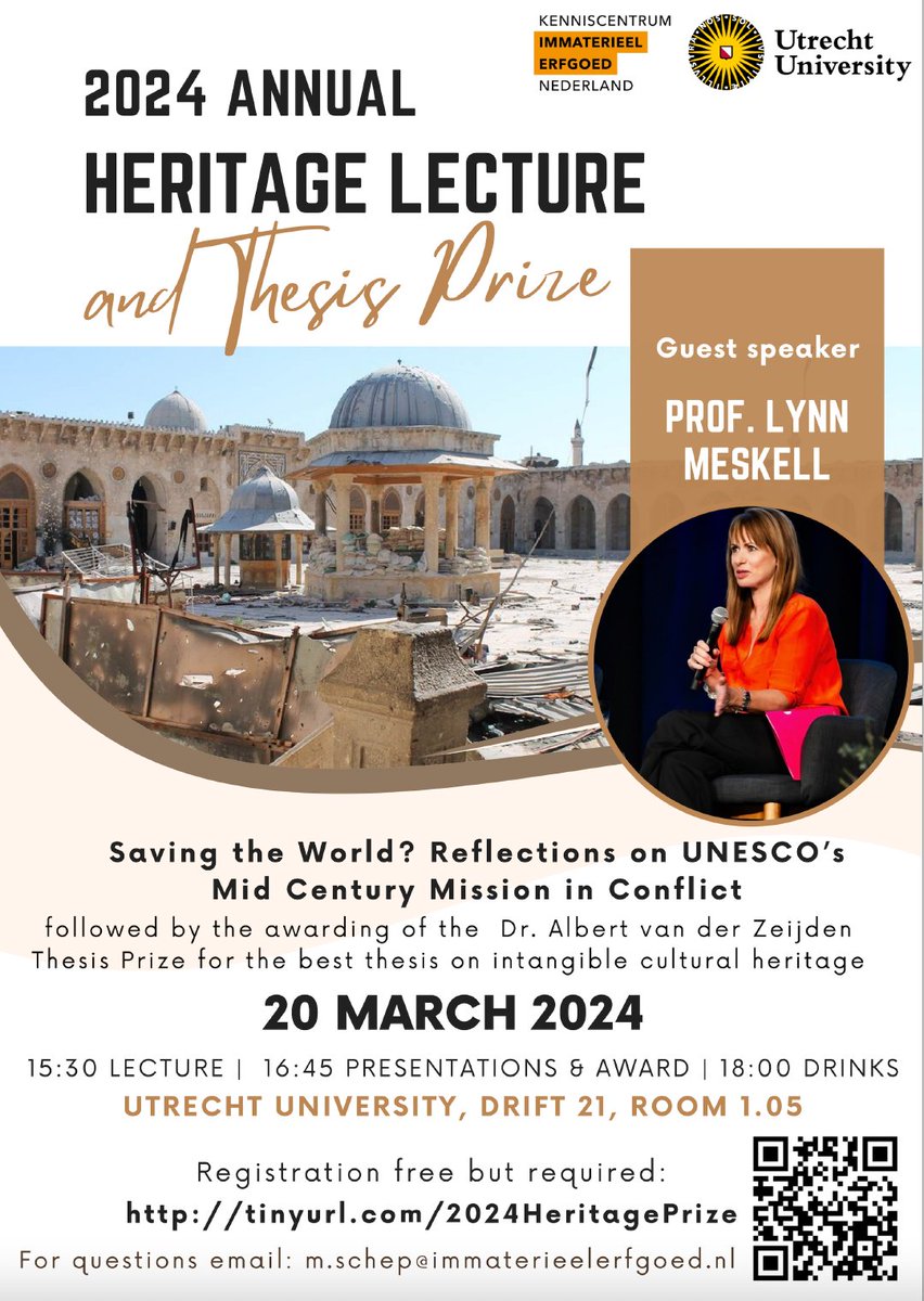 📌 Join our Heritage Day on 20 March! 

UU Annual Heritage Lecture by Lynn Meskell 

Saving the World? Reflections on UNESCO’s Mid Century Mission in Conflict

Followed by dr. Albert van der Zeijden Thesis Prize 

👉Registration here docs.google.com/forms/d/e/1FAI…