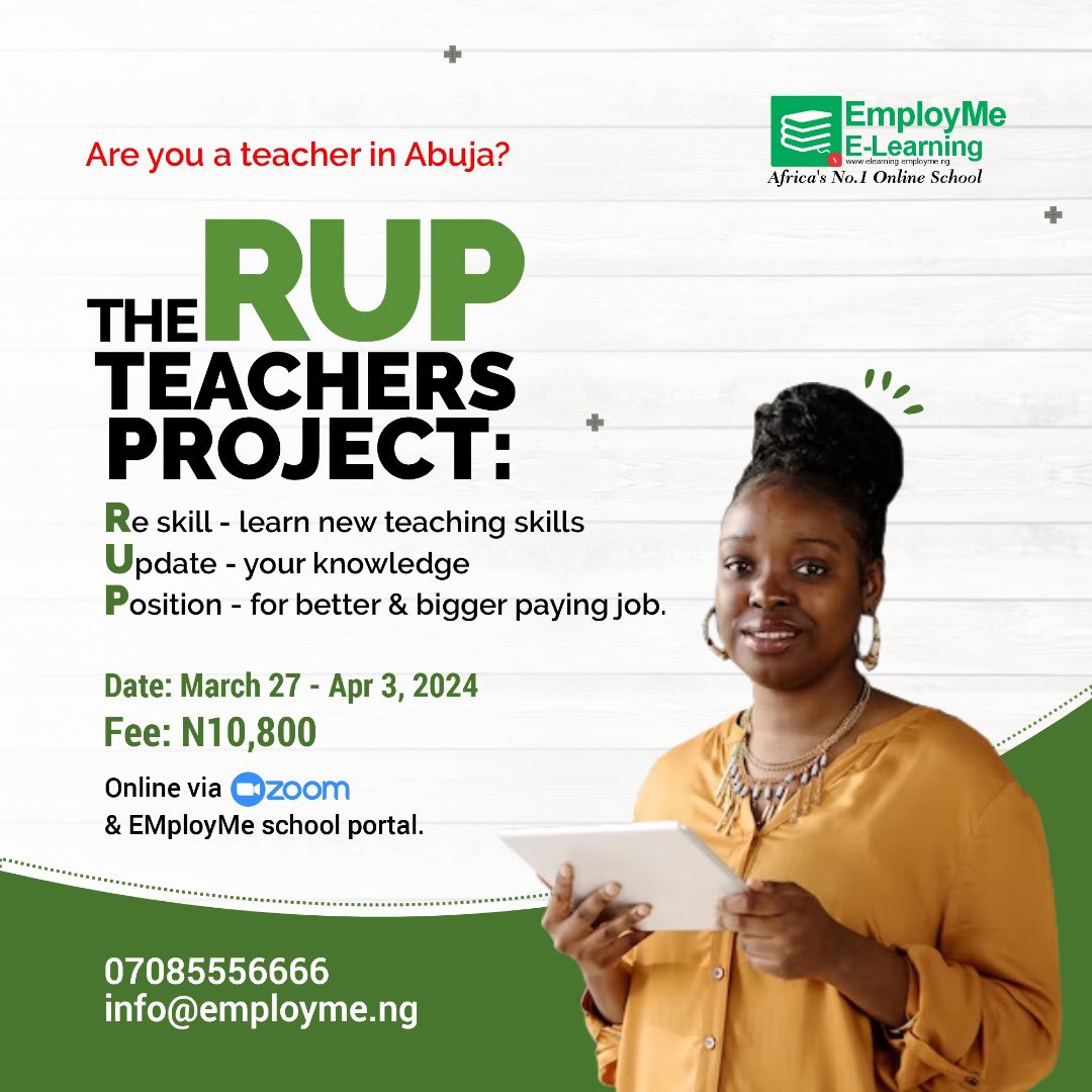 EmployMeNg's tweet photo. Announcing the 2024/25 
TEACHERS 
TRAINING 
COURSE  (TTC)
For early years &amp; primary school teachers. 

Starts  with #Abuja edition this Easter

-Are you a teacher/teaching assistant.
-Resident in Abuja, environs or looking to relocate and teach in FCT? 
👇🏾
https://t.co/grgVvUlxIy https://t.co/oNbpdw5nwG